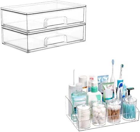 2 Pack Stackable Drawers with 5 Pcs Oral Care Organizer