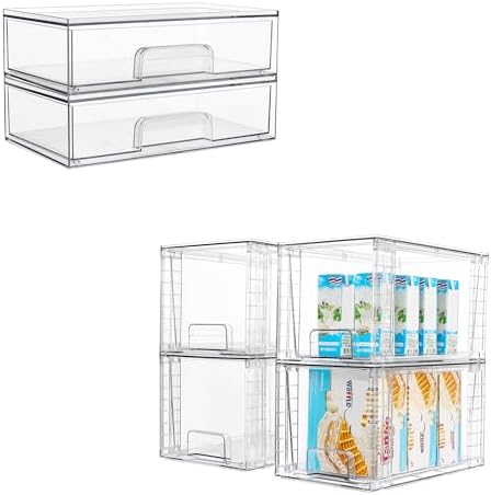 2pack 12''W and 4pack 12''D Clear Stackable Storage Drawers
