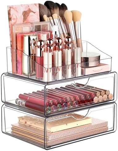 3 Tier Clear Makeup Organizer with 2 Drawers