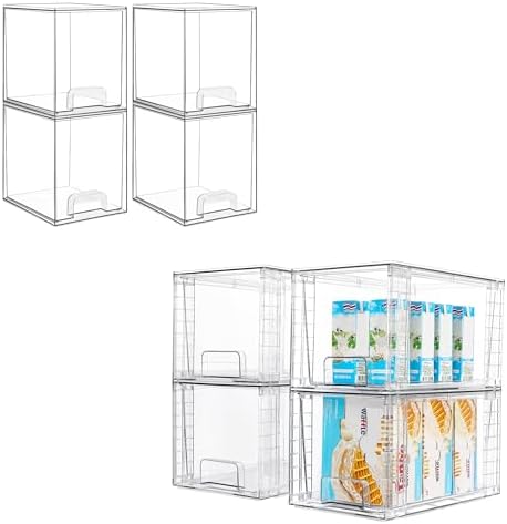 4 Pack 7.6" H and 4 Pack 12" D Clear Stackable Storage Drawers