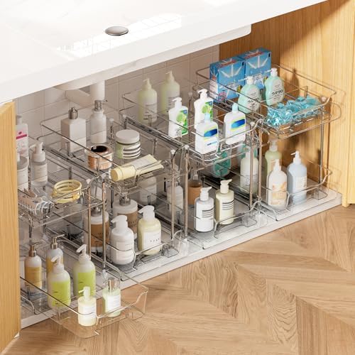 4 Pack Pull Out Bathroom Under Sink Organizer with Dividers…