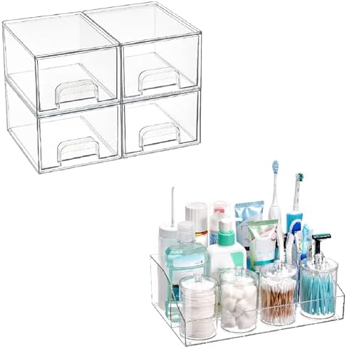 4 Pack Stackable Drawers with 5 Pcs Oral Care Organizer
