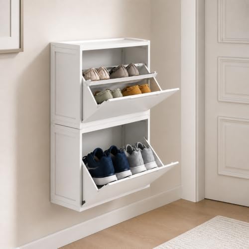 7.8in Slim Plastic Wall Mounted Shoe Cabinet with Flip Drawers