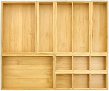 Bamboo Drawer Organizer Boxes and 25 PCS Clear Plastic…